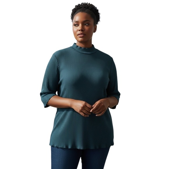Eileen Fisher Tops - Eileen Fisher Teal Ribbed Top Mock Neck Half Sleeve Quiet Luxury Plus Size 1X